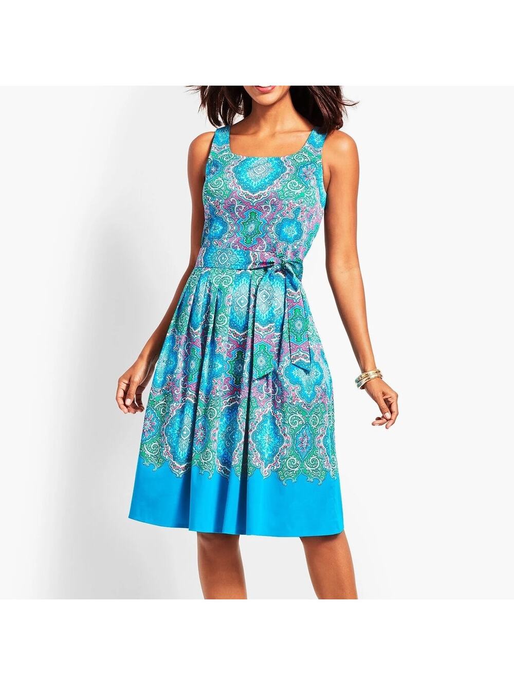 Talbots Blue Paisley Print Belted Sleeveless Fit & Flare Midi Dress Maximalist - Picture 1 of 12